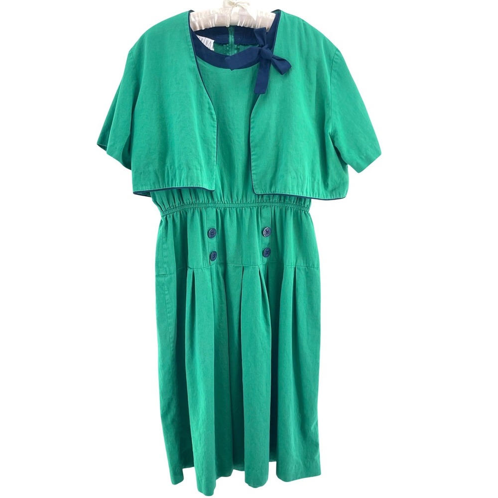 Vintage 80s Midi Dress and Bolero Jacket Women M Green Blue Cotton Nautical Bow